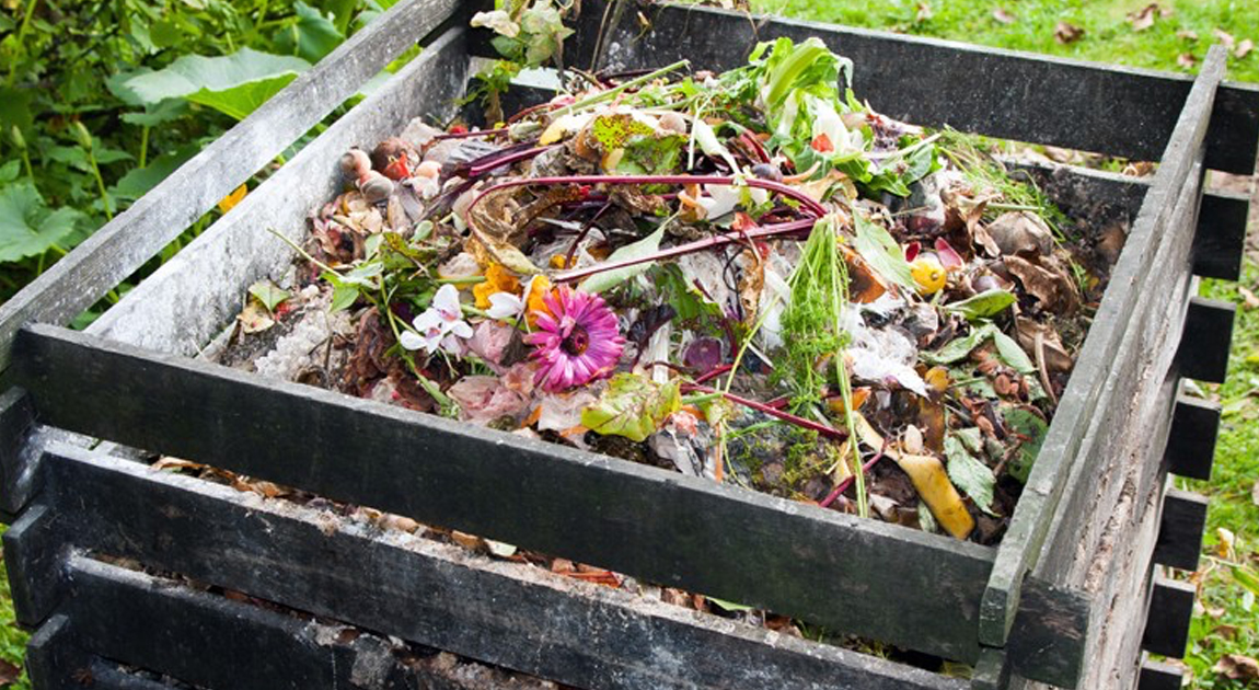 Compost bin filled with garden scraps and organic material.