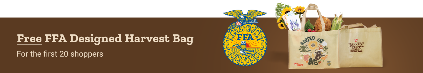 Harvest Fest promotion offering a free FFA-designed Harvest Bag for the first 20 shoppers. Features the National FFA Organization emblem and two reusable tote bags, including a Harvest Fest design and a colorful “Rooted in Ag” agricultural-themed illustration on a brown background.