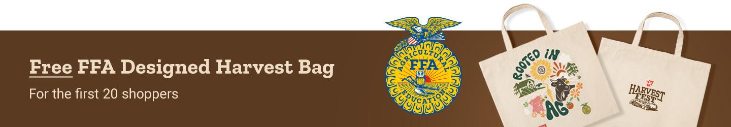 Harvest Fest promotion offering a free FFA-designed Harvest Bag for the first 20 shoppers. Features the National FFA Organization emblem and two reusable tote bags, including a Harvest Fest design and a colorful “Rooted in Ag” agricultural-themed illustration on a brown background.