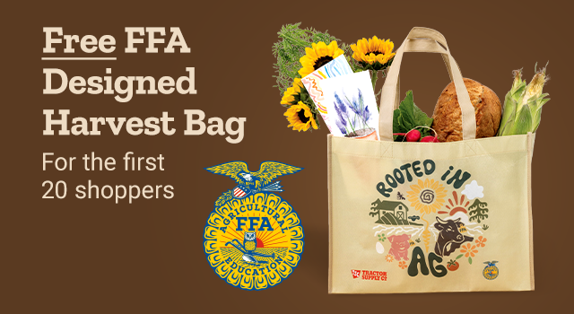 Harvest Fest promotion offering a free FFA-designed Harvest Bag for the first 20 shoppers. Features the National FFA Organization emblem and two reusable tote bags, including a Harvest Fest design and a colorful “Rooted in Ag” agricultural-themed illustration on a brown background.