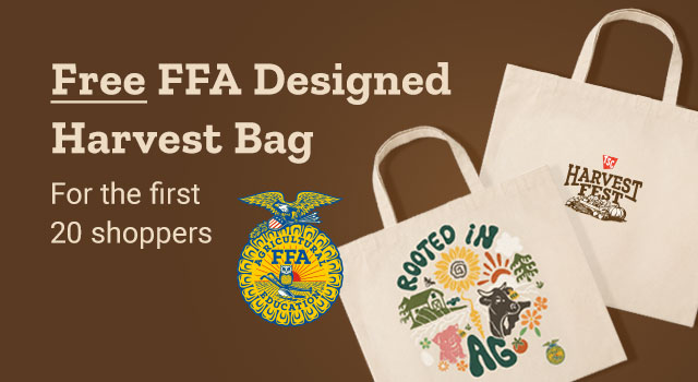 Harvest Fest promotion offering a free FFA-designed Harvest Bag for the first 20 shoppers. Features the National FFA Organization emblem and two reusable tote bags, including a Harvest Fest design and a colorful “Rooted in Ag” agricultural-themed illustration on a brown background.