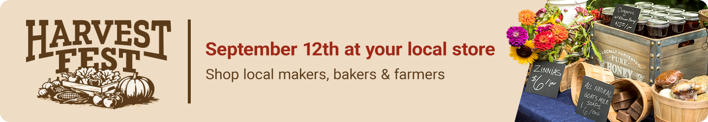 Harvest Fest promotion announcing an in-store event on September 12 at your local Tractor Supply store. Invites customers to shop local makers, bakers, and farmers. Features Harvest Fest logo with pumpkins and produce, alongside flowers, honey, baked goods, soaps, and other locally made products displayed at a market stand.
