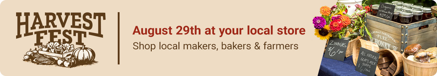 Harvest Fest promotion announcing an in-store event on August 29 at your local Tractor Supply store. Invites customers to shop local makers, bakers, and farmers. Features Harvest Fest logo with pumpkins and produce, alongside flowers, honey, baked goods, soaps, and other locally made products displayed at a market stand.