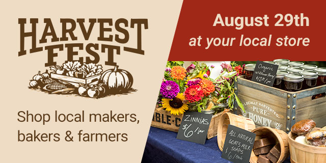 Harvest Fest promotion announcing an in-store event on August 29 at your local Tractor Supply store. Invites customers to shop local makers, bakers, and farmers. Features Harvest Fest logo with pumpkins and produce, alongside flowers, honey, baked goods, soaps, and other locally made products displayed at a market stand.