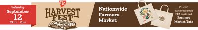 Tractor Supply Co Harvest Fest banner for Saturday September 12 from 10am to 2pm featuring Nationwide Farmers Market and a special offer for the first 20 customers to get a FFA designed Farmers Market Tote.