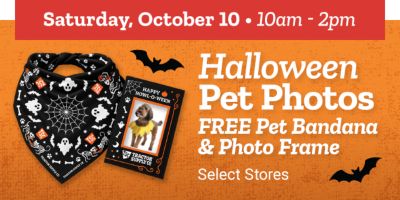 Halloween Pet Photos at select Tractor Supply stores, Saturday, October 10 from 10 a.m. to 2 p.m. Includes a free Halloween pet bandana and photo frame.