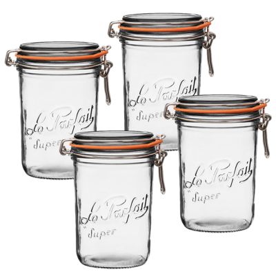 Le Parfait 1L French Glass Super Terrine Canning Jars with Straight Body, Airtight Rubber Seal and Glass Lids, 4 ct.