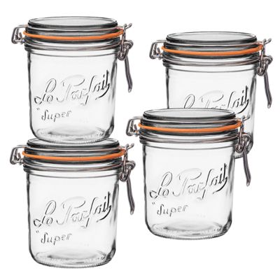 Le Parfait 750 mL French Glass Super Terrine Canning Jars with Straight Body, Airtight Rubber Seal and Glass Lids, 4 ct.