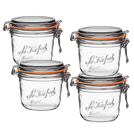 Le Parfait 4 Pack Super Terrine, 500 Ml French Glass Canning Jar with Straight Body, Airtight Rubber Seal & Glass Lid, LPSTZ0500