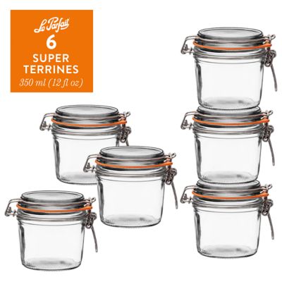 Le Parfait 350 mL French Glass Super Terrine Canning Jars with Straight Body, Airtight Rubber Seal and Glass Lids, 6 ct.