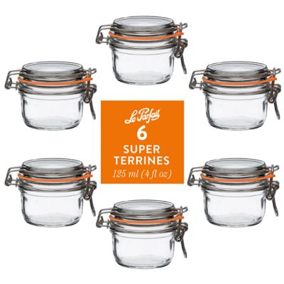 Le Parfait 125 mL French Glass Super Terrine Canning Jars with Straight Body, Airtight Rubber Seal and Glass Lids, 6 ct.