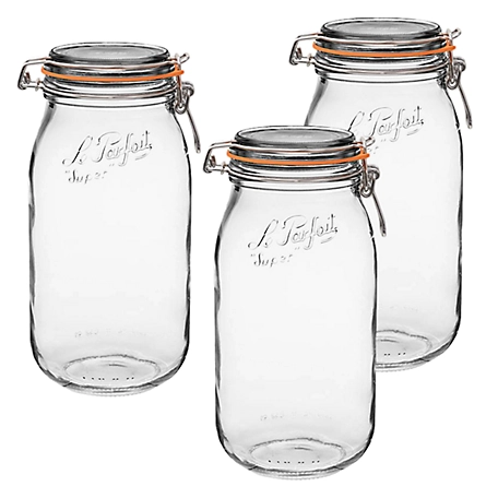 Le Parfait 3 Pack Super Jar - 2L French Glass Canning Jar with Rounded Body, Airtight Rubber Seal & Glass Lid, LPSJ2000