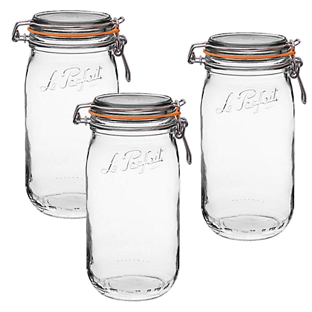 Le Parfait 3 Pack Super Jar - 1.5L French Glass Canning Jar with Rounded Body, Airtight Rubber Seal & Glass Lid, LPSJ1500