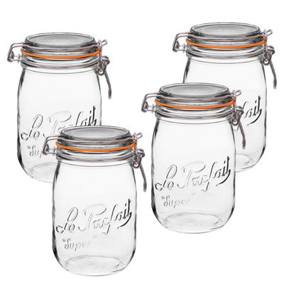 Le Parfait 1L French Glass Super Canning Jars with Rounded Body, Airtight Rubber Seal and Glass Lids, 4 ct.