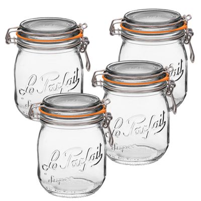 Le Parfait 750 mL French Glass Super Canning Jars with Rounded Body, Airtight Rubber Seal and Glass Lids, 4 ct.