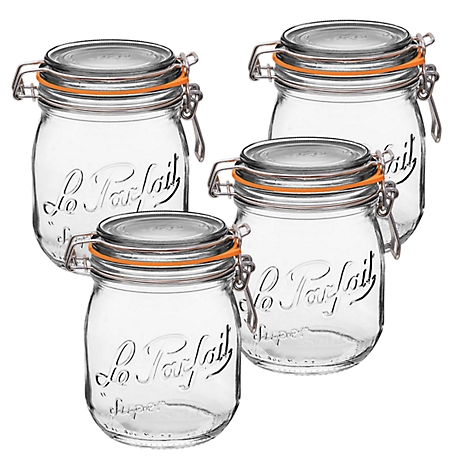Le Parfait 4 Pack Super Jar - 750 Ml French Glass Canning Jar with Rounded Body, Airtight Rubber Seal & Glass Lid, LPSJ0750