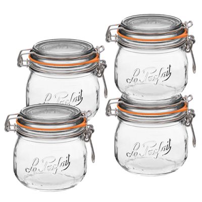 Le Parfait 500 mL French Glass Super Canning Jars with Rounded Body, Airtight Rubber Seal and Glass Lids, 4 ct.