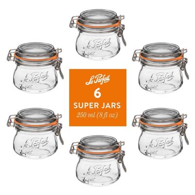 Le Parfait 250 mL French Glass Super Canning Jars with Rounded Body, Airtight Rubber Seal and Glass Lids, 6 ct.