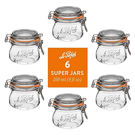Le Parfait 6 Pack Super Jar - 250 Ml French Glass Canning Jar with Rounded Body, Airtight Rubber Seal & Glass Lid, LPSJ0250