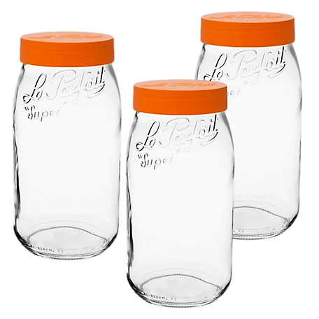 Le Parfait 3 Pack Screw Top Jar - 3L Wide Mouth French Glass Storage Jar with Orange Plastic Lid, LPOJ3000