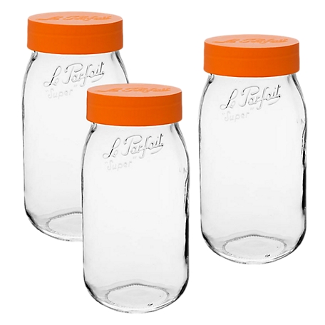 Le Parfait 3 Pack Screw Top Jar - 2L Wide Mouth French Glass Storage Jar with Orange Plastic Lid, LPOJ2000