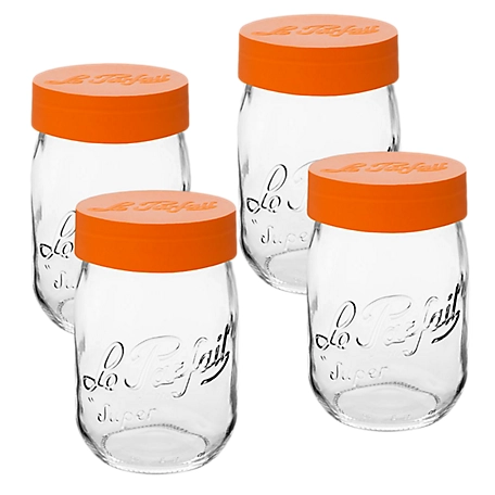 Le Parfait 4 Pack Screw Top Jar - 1L Wide Mouth French Glass Storage Jar with Orange Plastic Lid, LPOJ1000