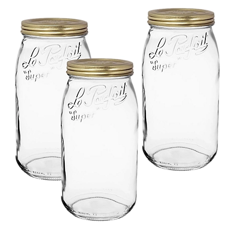 Le Parfait 3 Pack Screw Top Jar - 3L Wide Mouth French Glass Storage Jar with 2 pc. Gold Lid, LPFJ3000