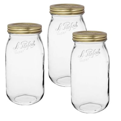Le Parfait 3 Pack Screw Top Jar - 2L Wide Mouth French Glass Storage Jar with 2 pc. Gold Lid, LPFJ2000