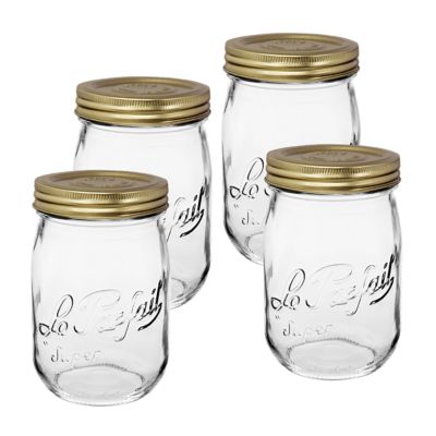 Le Parfait 4 Pack Screw Top Jar - 1L Wide Mouth French Glass Storage Jar with 2 pc. Gold Lid, LPFJ1000