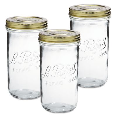 Le Parfait 3 Pack Familia Wiss Terrine - 1.5L Wide Mouth French Glass Mason Jar with 2 pc. Gold Lid, LPFT1500