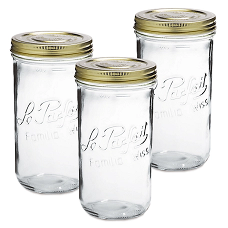 Le Parfait 3 Pack Familia Wiss Terrine - 1.5L Wide Mouth French Glass Mason Jar with 2 pc. Gold Lid, LPFT1500