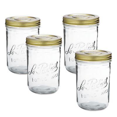 Le Parfait 1L Wide Mouth (110 mm) Familia Wiss Terrine  French Glass Mason Jars with 2 pc. Gold Lids, 4 ct.