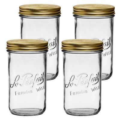 Le Parfait 1L Wide Mouth (100 mm) Familia Wiss Terrine French Glass Mason Jars with 2 pc. Gold Lids, 4 ct.