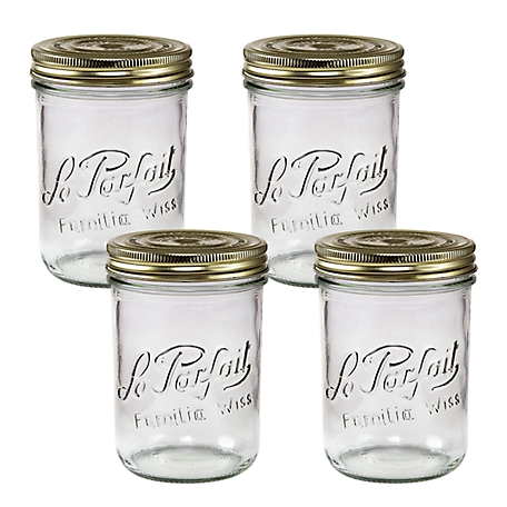 Le Parfait 4 Pack Familia Wiss Terrine - 750 Ml Wide Mouth French Glass Mason Jar with 2 pc. Gold Lid, LPFT0750