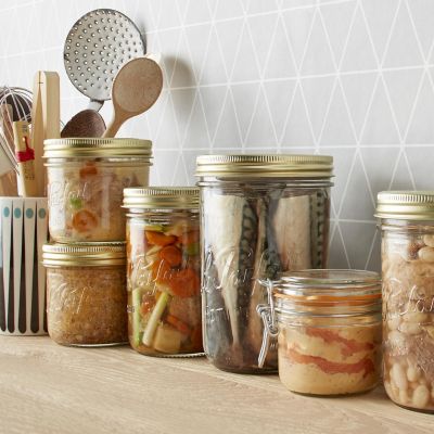 Image showing  750 mL Wide Mouth Familia Wiss Terrine French Glass Mason Jars with 2 pc. Gold Lids, 4 ct.
