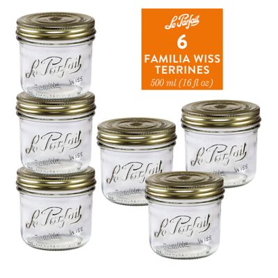 Le Parfait 500 mL Wide Mouth Familia Wiss Terrine French Glass Mason Jars with 2 pc. Gold Lids, 6 ct.