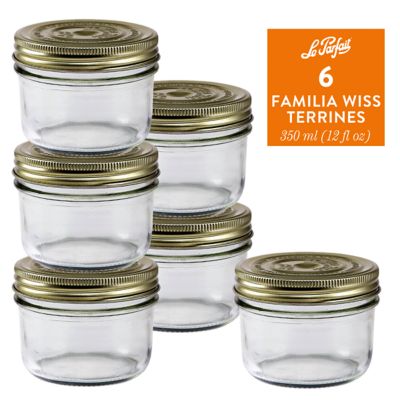 Le Parfait 6 Pack Familia Wiss Terrine - 350 Ml Wide Mouth French Glass Mason Jar with 2 pc. Gold Lid, LPFT0350