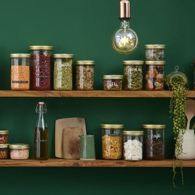 Image showing  350 mL Wide Mouth Familia Wiss Terrine French Glass Mason Jars with 2 pc. Gold Lids, 6 ct.