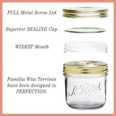 Image showing 5 th Le Parfait 350 mL Wide Mouth Familia Wiss Terrine French Glass Mason Jars with 2 pc. Gold Lids, 6 ct.