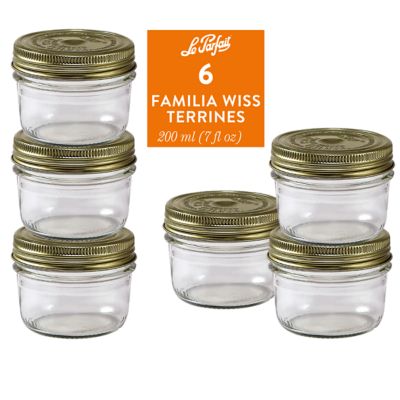 Le Parfait 6 Pack Familia Wiss Terrine - 200 Ml Wide Mouth French Glass Mason Jar with 2 pc. Gold Lid, LPFT0200