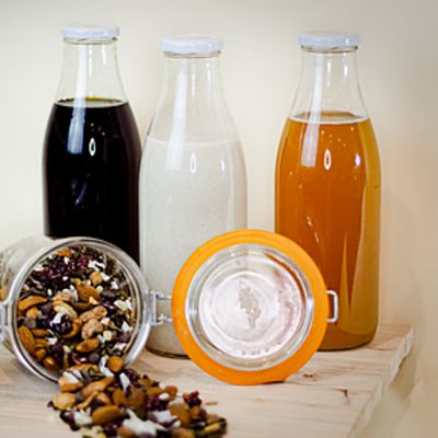 Image showing  16 oz. French Glass Preserving Milk Bottles with 48 mm Printed Logo Metal Twist Caps, 6 ct.