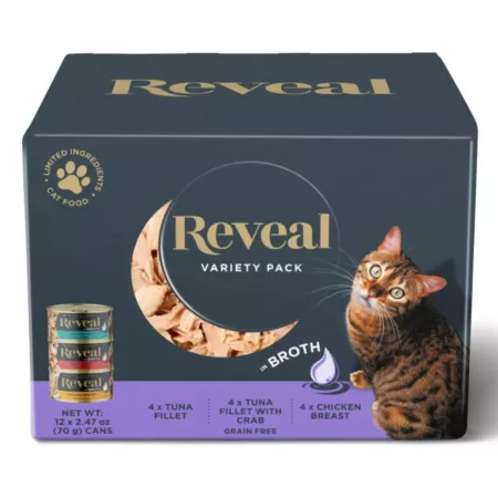 Reveal Cat Broth Adult Cheese Crab and Tuna Shreds Wet Cat Food Variety Pack 2.47 oz Pack of 12 Wet Cat Food