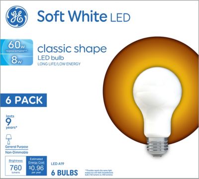 GE 60W Equivalent/760 Lumen 10K HR Soft White LED Light Bulb, Non-Dimmable, Glass, A19, 6-Pack
