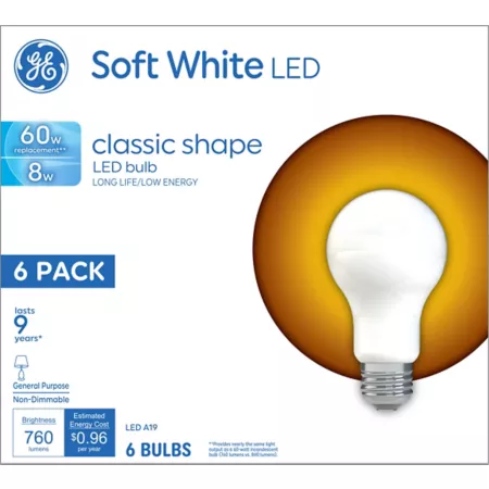 GE LED Light Bulbs 60 Watt Equivalent 760 Lumens 10K HR Soft White 2700K Non-Dimmable Glass A19 6-Pack LED Light Bulbs