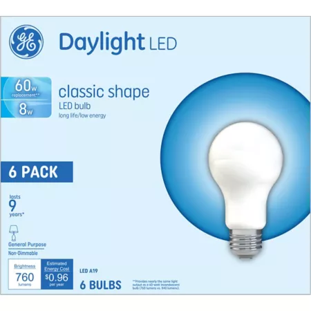 GE LED Light Bulbs 60 Watt Equivalent 760 Lumens 10K HR Daylight 5000K Non-Dimmable Glass A19 6-Pack LED Light Bulbs