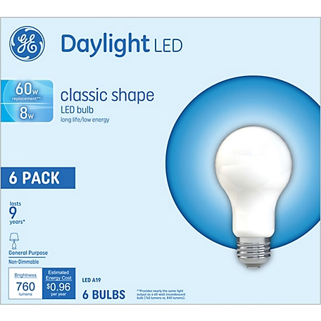 GE 60W Equivalent/760 Lumen 10K HR Daylight LED Light Bulb, Non-Dimmable, Glass, A19, 6-Pack