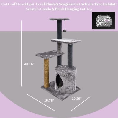 Image showing  40.16 in. 5-Tier Level Up Plush and Seagrass Cat Tree Habitat with Scratcher, Condo and Plush Hanging Cat Toy