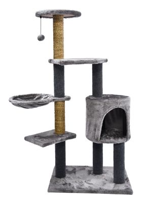 Cat Craft Level Up 6-Level Plush & Seagrass Cat Activity Tree: Scratch, Condo, Lounge, Hammock & Hanging Cat Toy, Gray