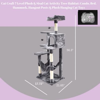 Image showing  56.3 in. 7-Level Plush and Sisal Cat Tree with Condo, Bed, Hammock, Hangout Posts and Toys
