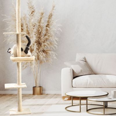 Image showing  90 in. 4-Level Adjustable Floor-to-Ceiling Soft Plush Cat Tree with Bolster Cat Bed, Cream